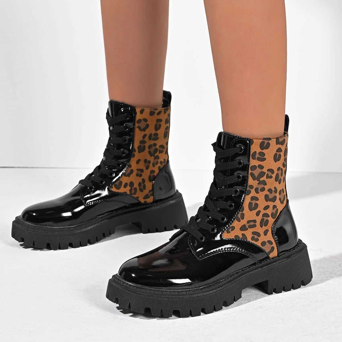 Women Boots High Quality Cross-tied British Style Boots Women Fashion Leopard Print Casual Shoes Women Round Toe Mid-Calf BootsT251223