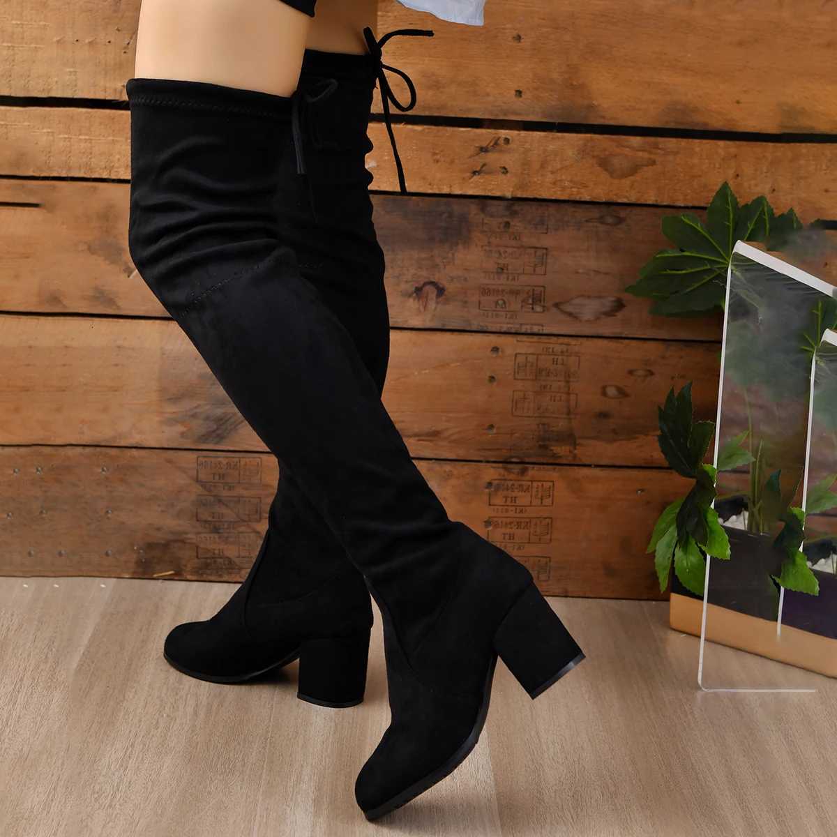 Women Boots Winter Black Over The Knee Boots 2024 New Comfort High Heels Shoes Fashion Warm Lace Up Long tube square heel BootsT251223