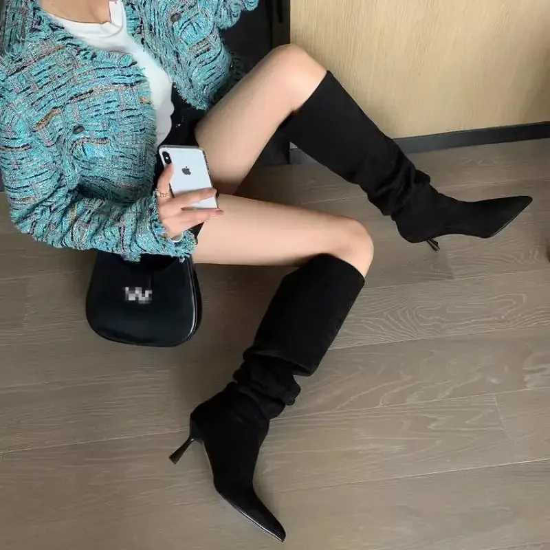 Pleated Faux Suede Knee-High Boots Women Pointed Toe Slip-On Western Cowboy Boots Woman 2025 Autumn Thin Heels Long Botas MujerT251223