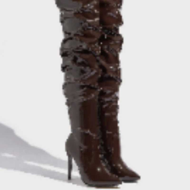 Sharp Pointed Patent Leather Fashionable Womens Boots Model Walking High Heels Boots Brown High Top Knee SizeT251223