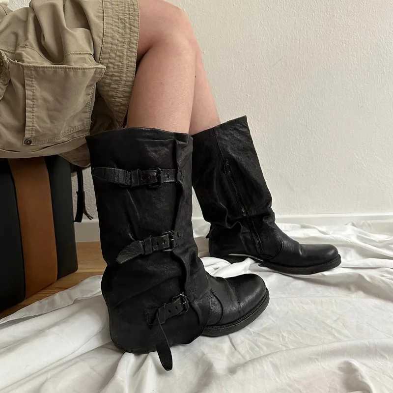 Vintage Knee High Boots Belt Buckle Round Toe Flat With Turned-Over Edge Genuine Leather Solid Color Fashion Elegant Sexy ShoesT251223