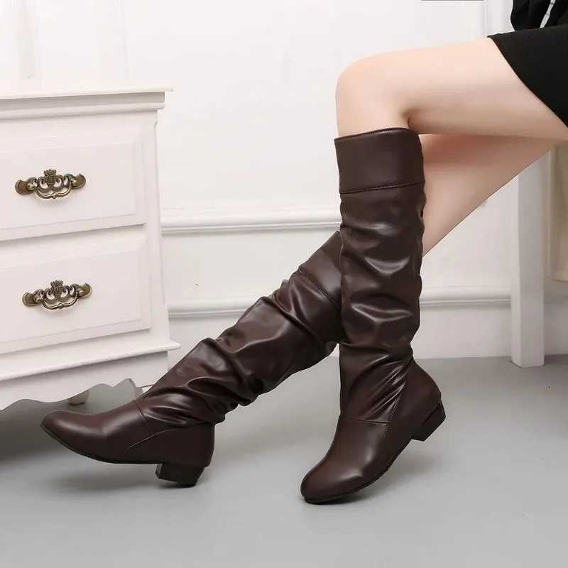 Womens leather PU Knee High Boots Fashion Folding Slip on Winter High Boots Casual Low Heels White Black Long Slim Boots LadiesT251223