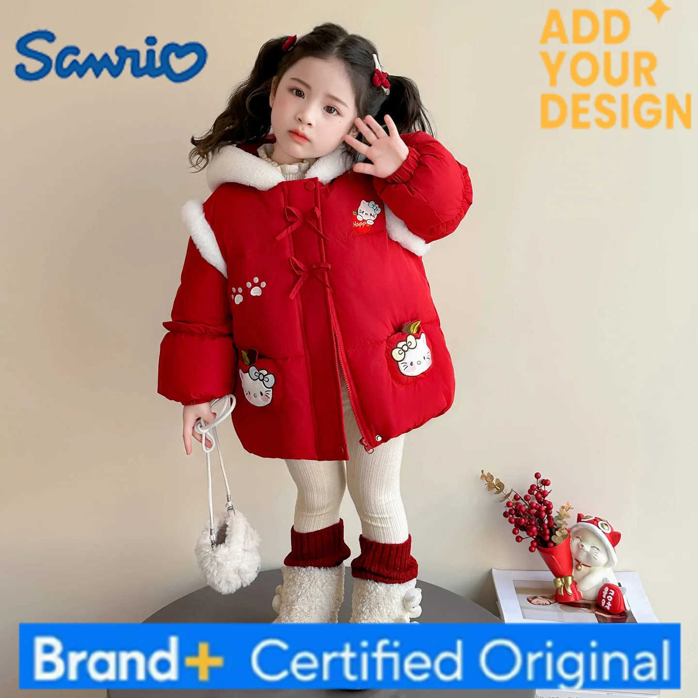 Sanrio Anime Hello Kitty Winter Jackets For Girls Korean Edition Thick Cotton Jacket with Velvet Baby cartoon cute sweet cotton jacket H251223