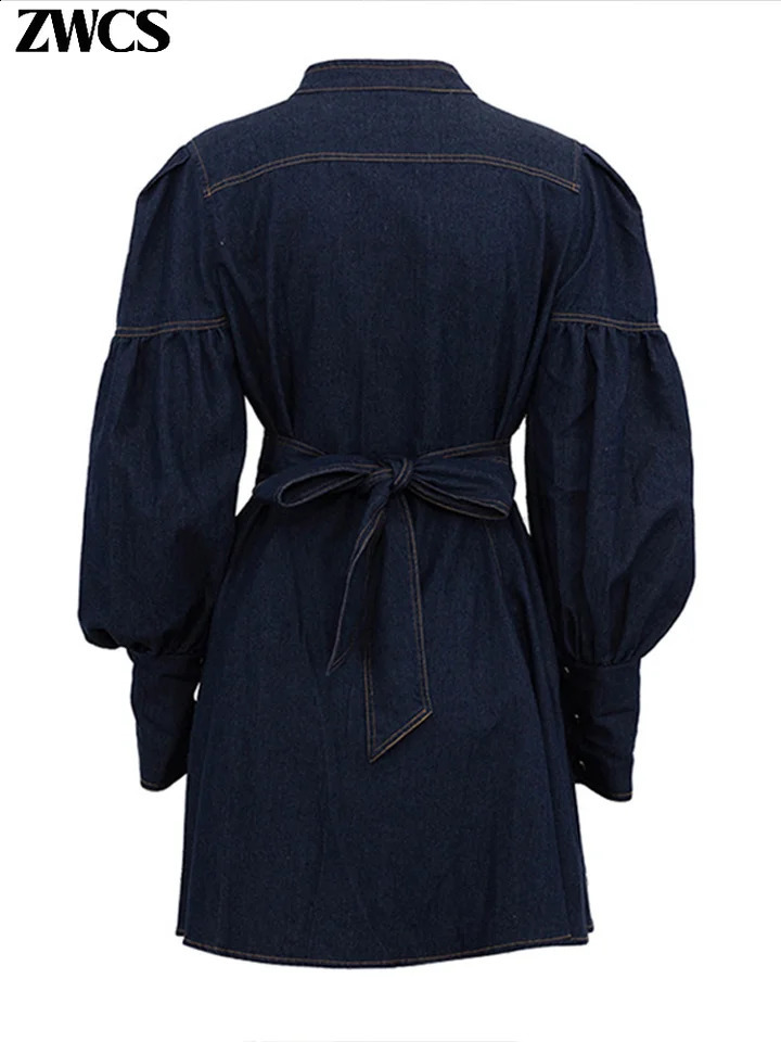 Vintage Denim Bow Belt Dres Elegant Stand Collar Long Lantern Sleeve Button Short Dresses 2025 Spring Lady Chic Robes 251223