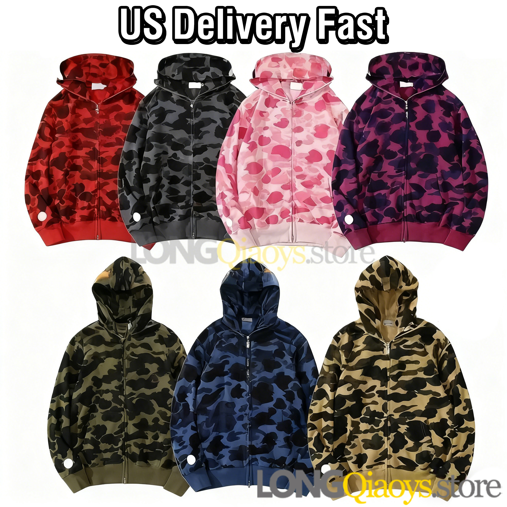 US delivery Fast shark Mens Designer btapses Hoodies t shirt Full Zip Up Jackets Sweetwear Crazy Face Camouflage Camo Hoodie Sweatshirts Male Colors unisex Clothing