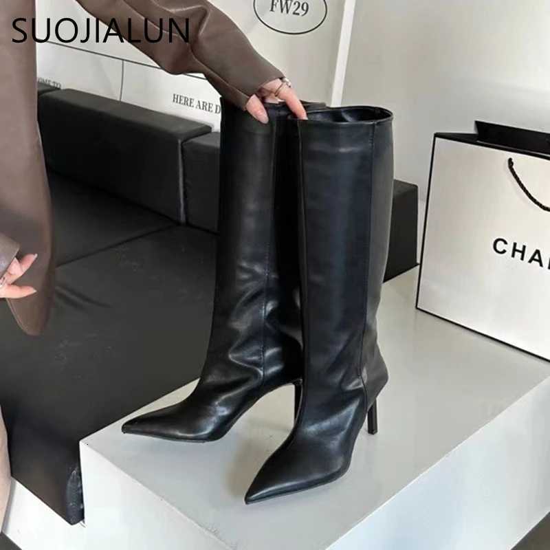 SUOJIALUN Brand Women Long Boots Fashion Pointed Toe Slip On Ladies Elegant Knee-high Boots Thin High heel Outdoor Dress PumpsT251223