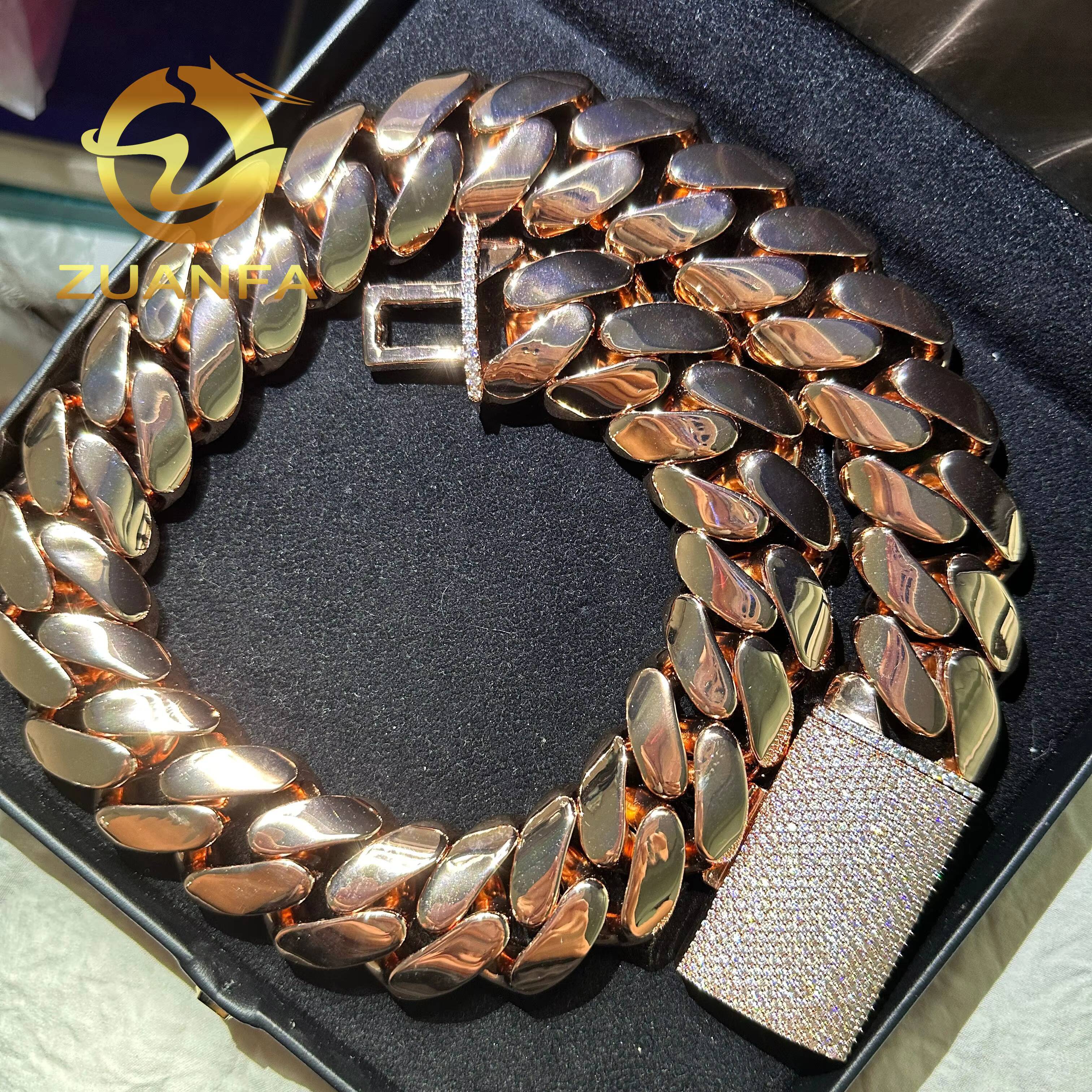 Hip Hop Jewelry 18k Rose Gold Plated Big Chain 20mm Miami Cuban Link Chain Bracelet S925 Cuban Men Moissanite Clasp