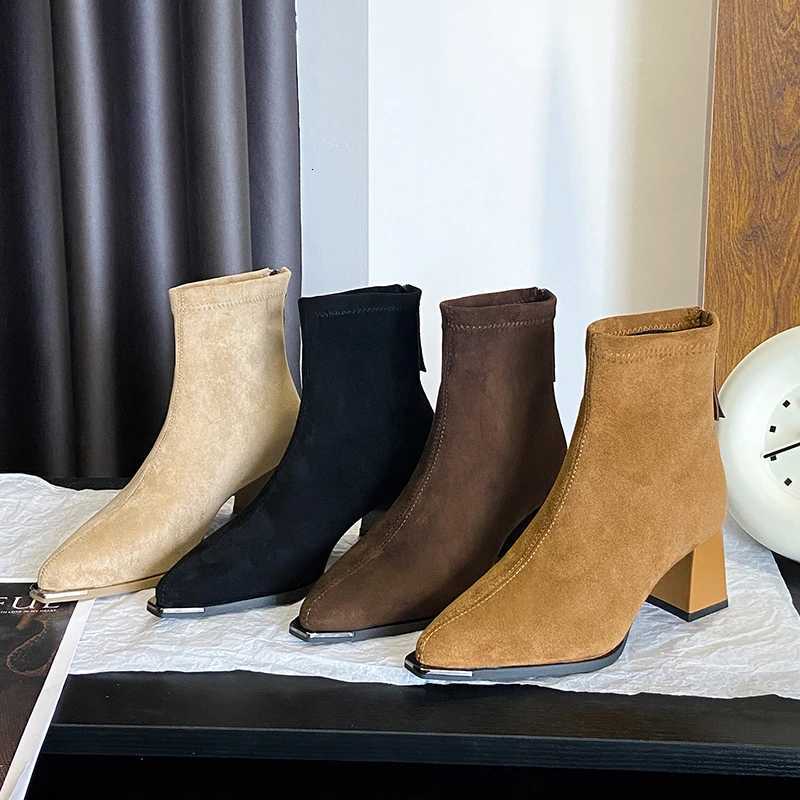Brown Boots for Women Autumn Stretch Slim Boots Suede Short Boots for Women 2025 New Pointed High-heeled BootsT251223
