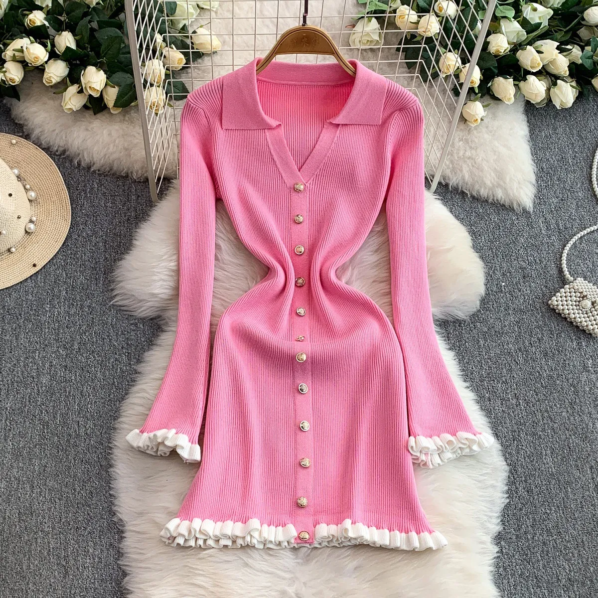 Casual Dresses Autumn Winter French Fashion Old Money Long Sleeve Knit Dress Women 2000s V-Neck Frock Mini One-Piece Vintage Coquette