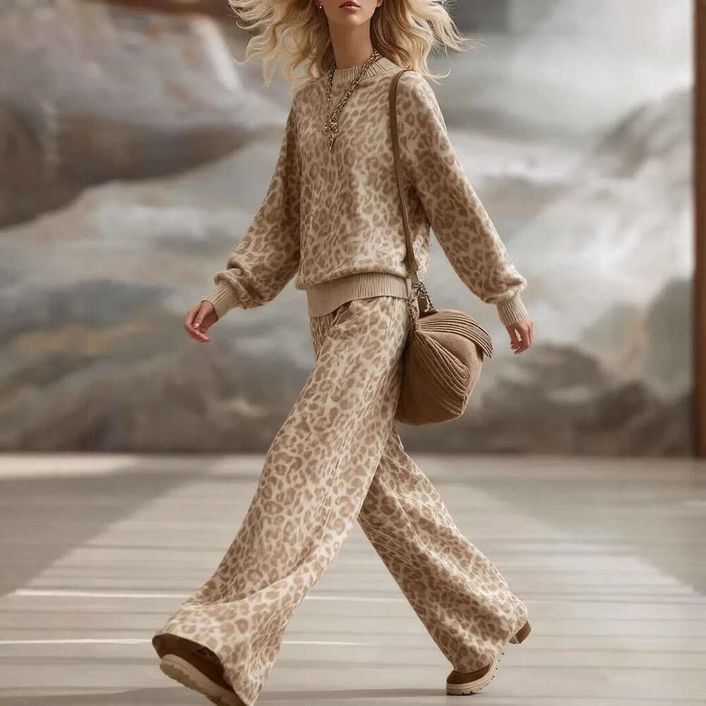 Autumn Winter European American Amazon Cross-Border Light Brown Leopard Print Set Long Sleeve Slim Sweatshirt Retro Casual Pants Women DREAM RECALL
