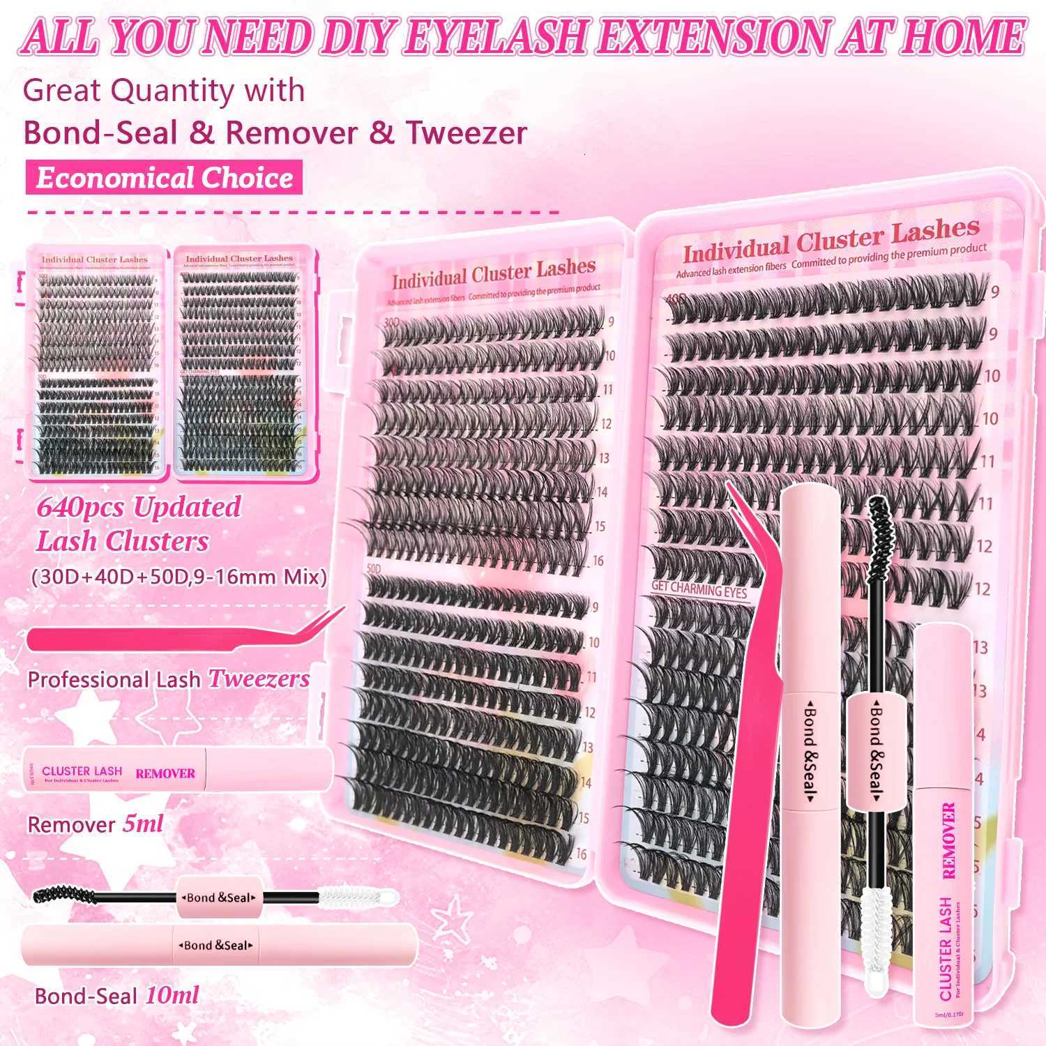 160/640/720pcs DIY Eyelash Extension Kit - False Lashes with Glue Bond Applicator Pre-Made Clusters 10-18mm for VolumeT251223