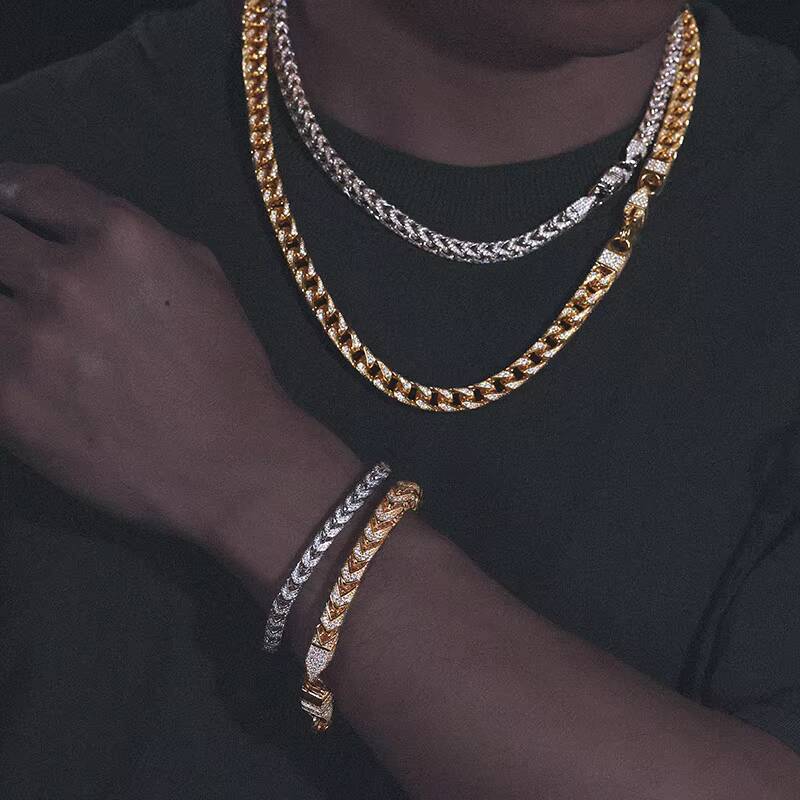 Hiphop Fine Jewelry S925 Sterling Silver Prong Iced Out Moissanite Diamonds 18K Gold Plated 6mm Franco Chain for Men