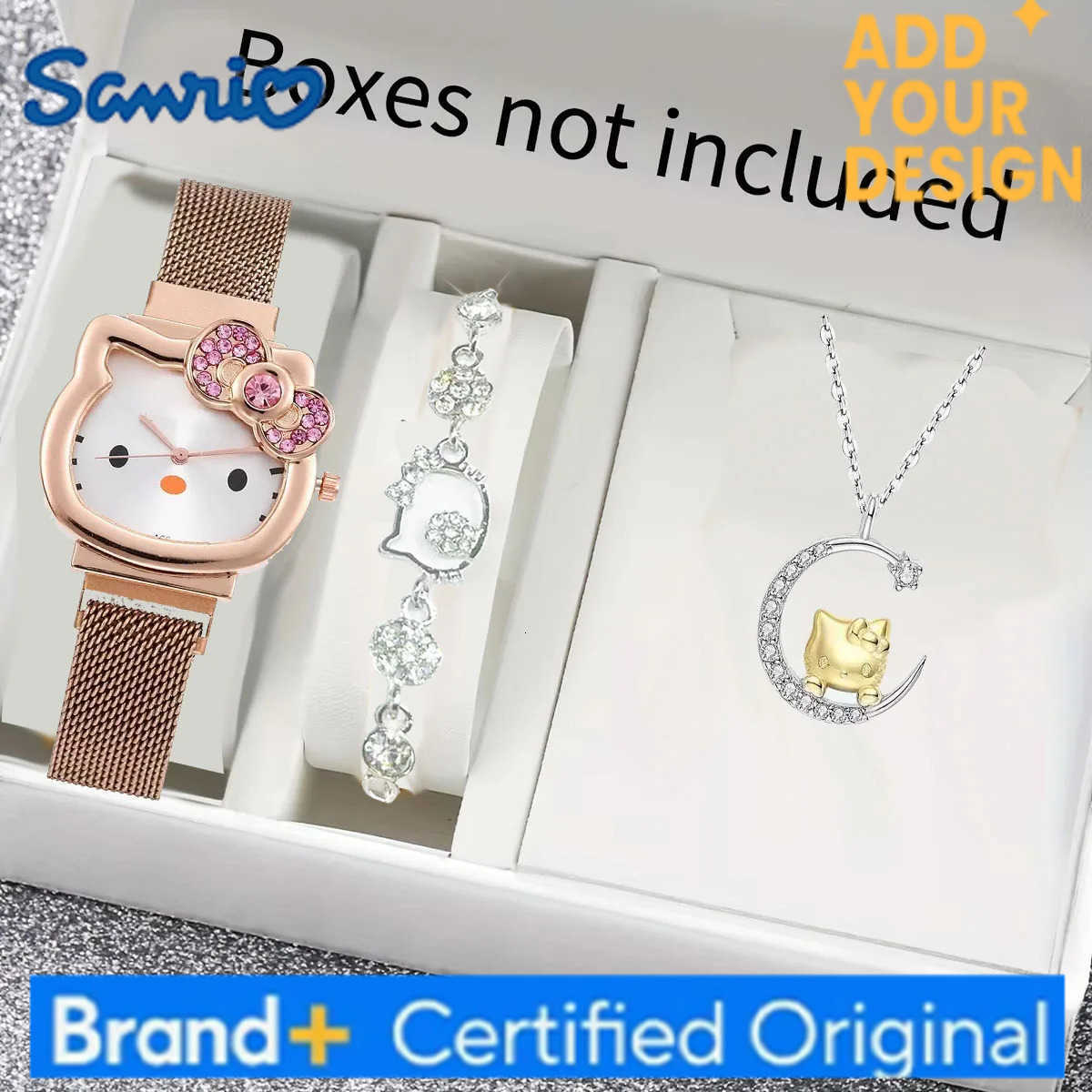 Sanrio 3pcs/set Kawaii Hello Kitty Women Watches Metal Diamond Bow Ladies Watch Girl Birthday Student Gifts With Necklace and bracelet H251223