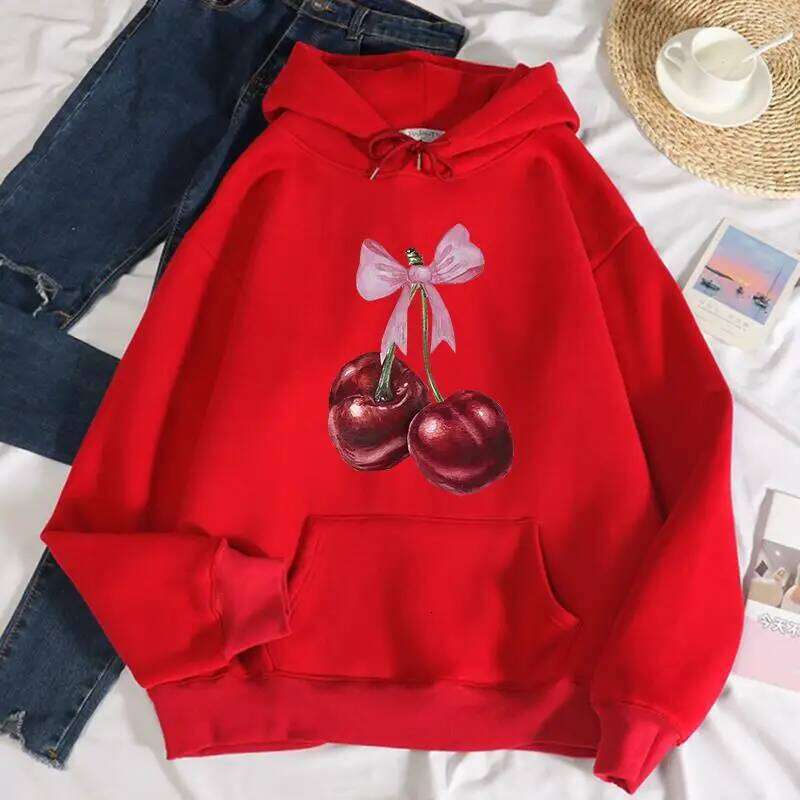 Bow Red Cherry Pattern Printing Hoodie Women Warm Fleece Hoody designer Fashion 2026 Casual Hooded Autumn Loose Round Neck Woman Clothes