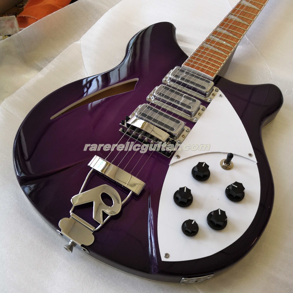 Backer 330 360 6 Strings Purple Hollow Body Electric Guitar R Tailpiece Varnish Gloss Fingerboard Round Corner Vintage Tuners Dual Output Jacks 3 Pickups