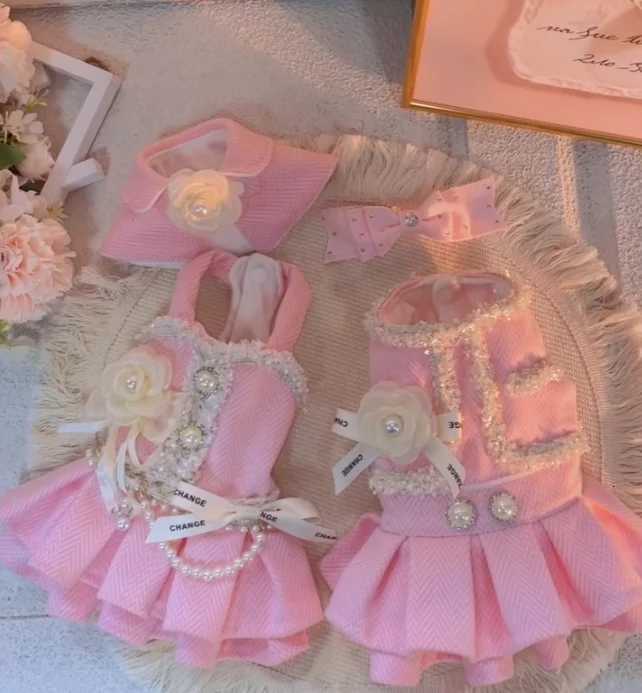 Pink Luxury Pearl Magnolia Design High-End Custom Pet Dress Set Winter Clothes Suit For Small Dog Z251223