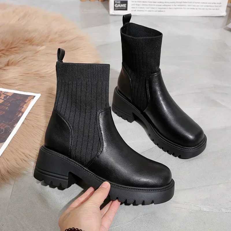 2025 Autumn Winter Fashion Women Chelsea Boots Female PU Leather High Heels Boots Platform Shoes Ladies Knitted Sexy Ankle BootsT251223