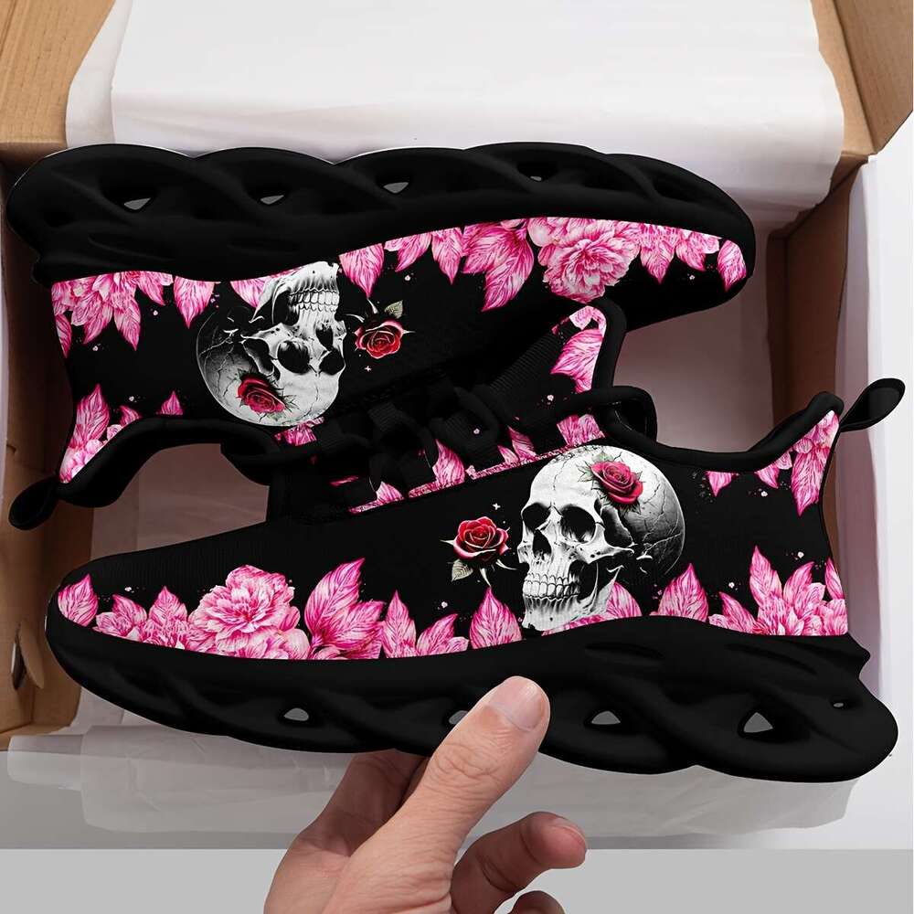 Women's Outdoor Shoes With Skull And Rose Print, Lightweight EVA Sole Cushioned Comfort, Non-Slip Breathable Fabric All-Season Road Running Shoes - view 4