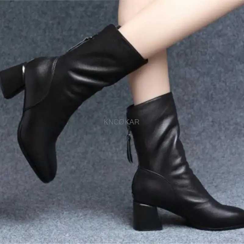 Real soft leather mid-calf boots womens fashion riding boots 2024 new autumn and winter mid-heel ankle boots thickT251223