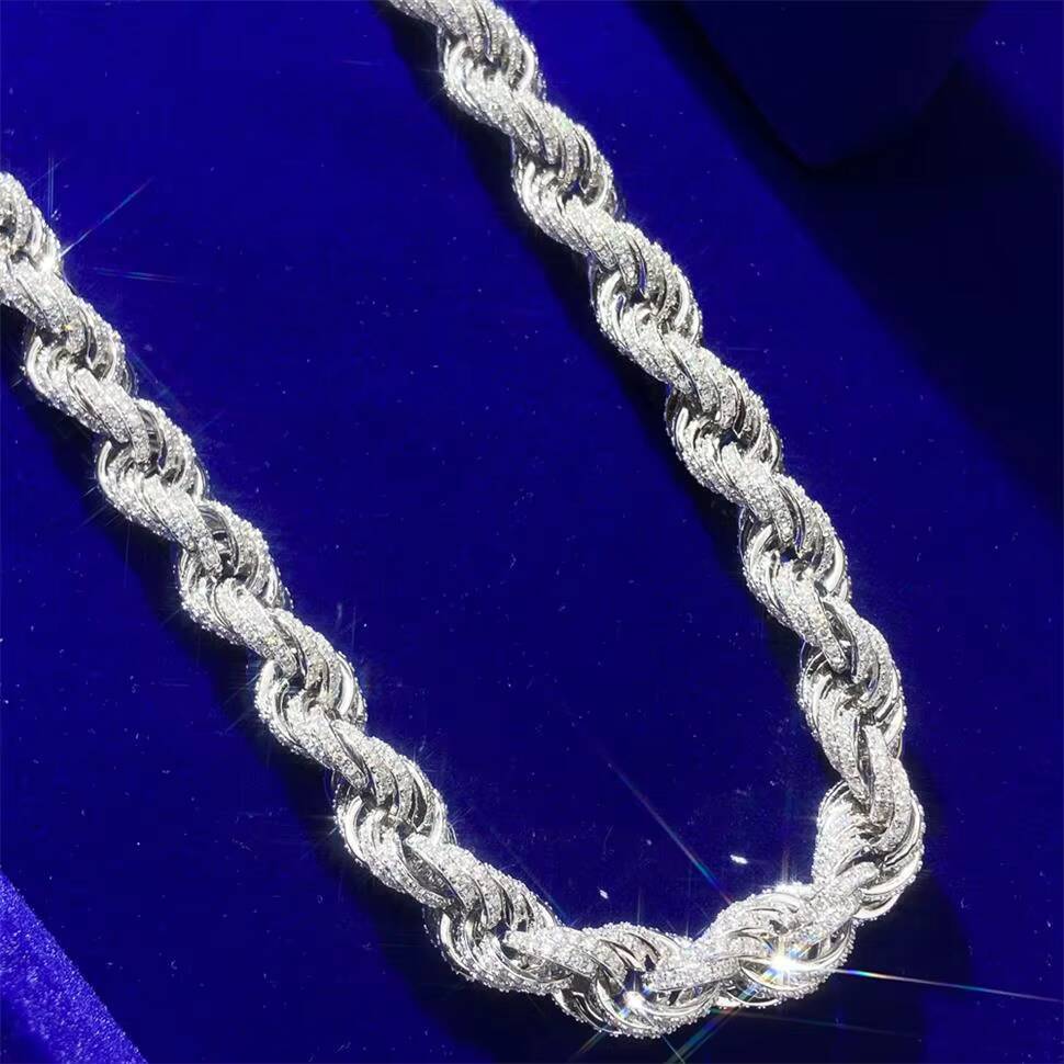 Hiphop Jewelry Sterling Silver Bling Iced Out Pass Moissanite Diamond Thick 10mm Rope Chains