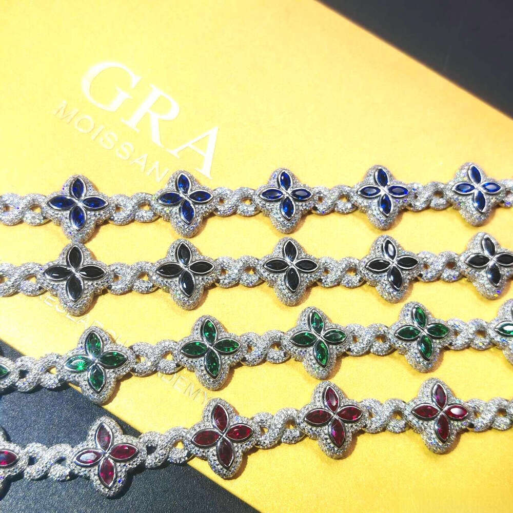 VVS Moissanite Luxurious Hip-Hop Jewelry Colorful Silicon Stone Ice S925 Silver Cuban Clover Bracelet