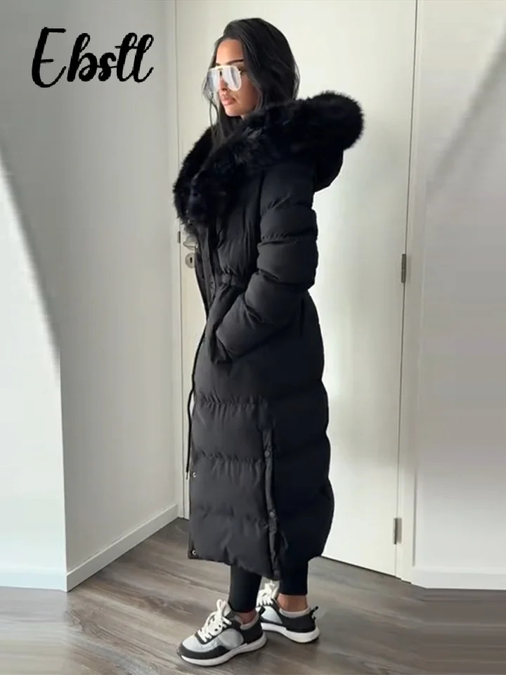 Warm Fur Collar Elastic Waist Hooded Coat Womens Elegant Waist-cinching Zippers Long Cotton Coats Winter Lady Outwear 251219BJ - view 6