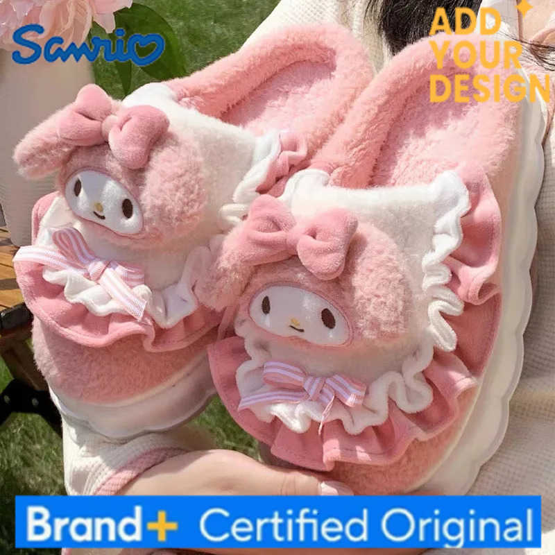Sanrio Hot Hello Kitty Girl Cartoon Keep Warm Slippers Student Winter Thick Sole Fleece-Lined Child Non-Slip Cotton Slippers New H251223