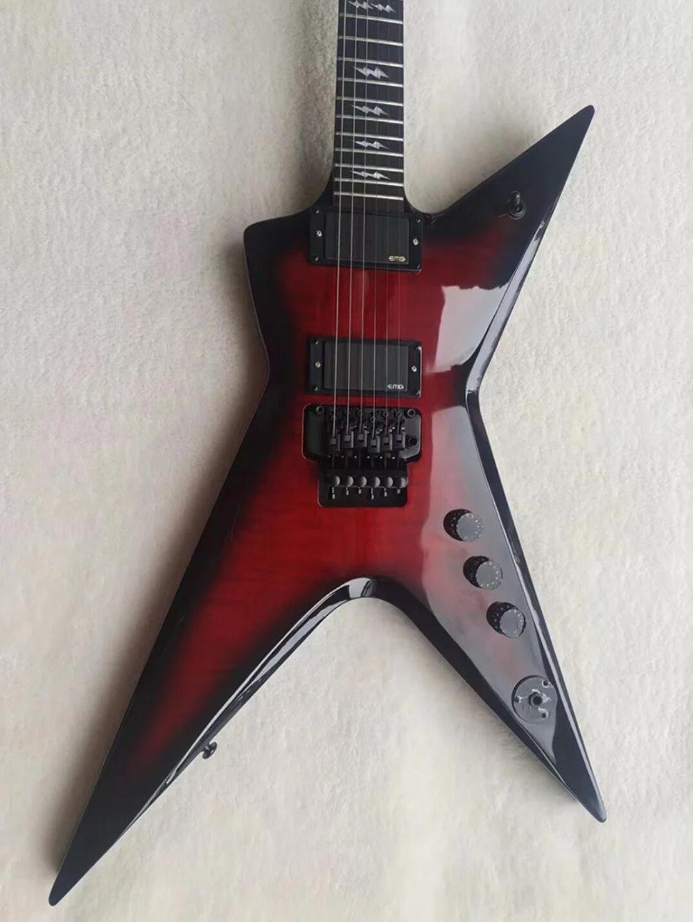 Razor Dime Dimebag Darrell Red Flame Maple Black Edge Electric Guitar Lightening Inlay Floyd Rose Tremolo Bridge Black Hardware China EMG Pickups