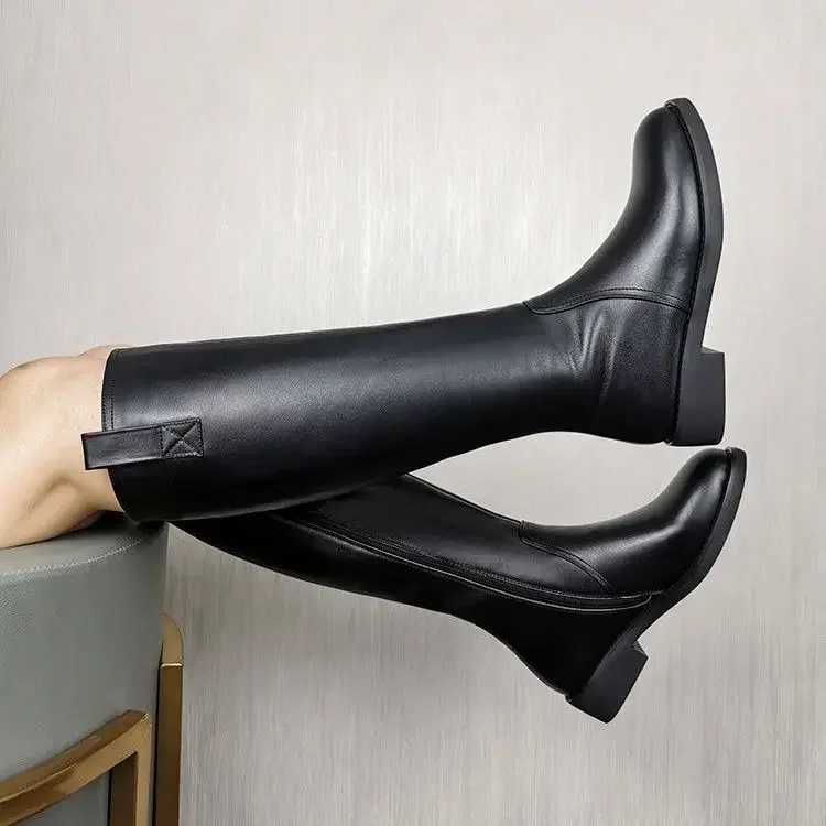 Knight Boots for Women Autumn and Winter Soft Leather Square Heel Zip Modern Boots Fashion Round Toe Thin Fleece Knee-high BootsT251223