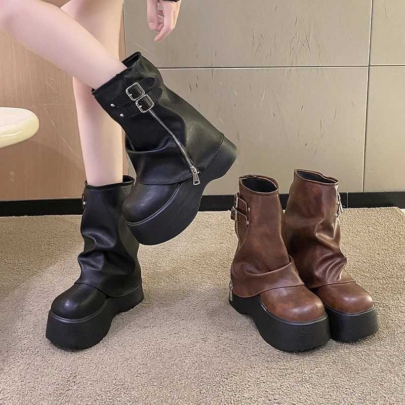 Soft Leather Ankle Mid Calf Boots Winter Autumn High Platform Wedge British Booties Woman New Ladies Chunky Motorcycle Boots 9CMT251223