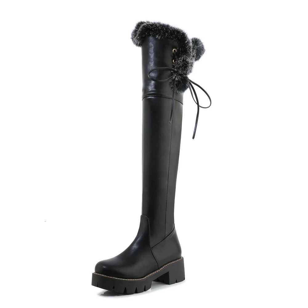 Cuffed Faux Fur Thick-Soled Over-The-Knee Boots Lace-Up Side Buckle Sweet Thick-Heeled Boots Warm And Comfortable Womens ShoesT251223