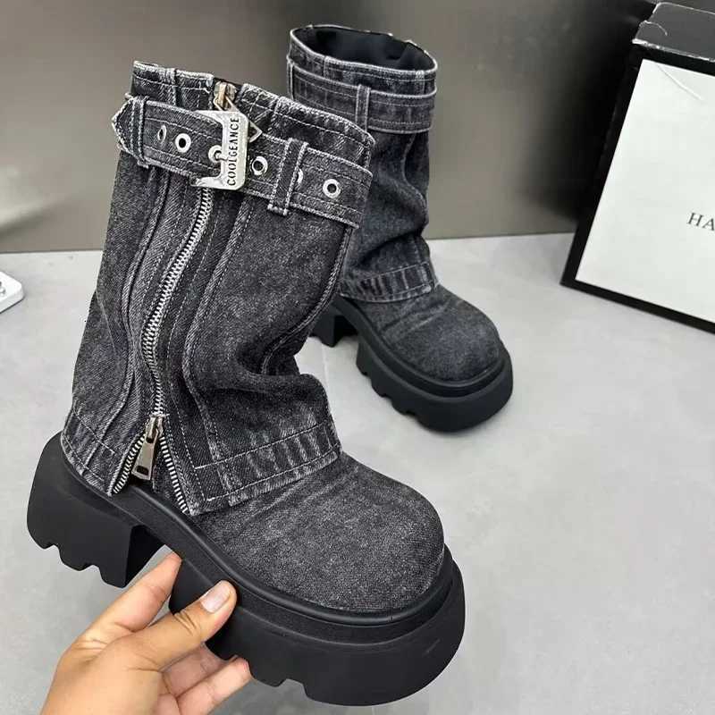 Women Cowboy Mid-calf Boots Zipper Platform Mid Heels Designer Shoes Winter New Motorcycle Boots 2024 Fad Trend Mujer ZapatosT251223