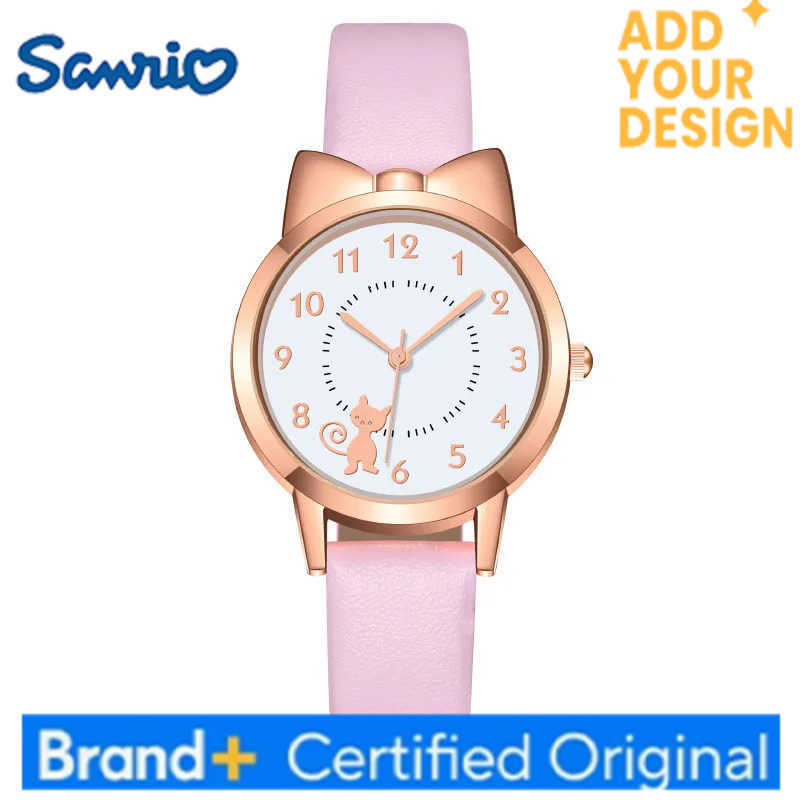 Sanrio Fashion Kids Leather Strap Quartz Watch Children Set Bracelet Watch Student for Girls Clock Kids Watch Cute Cat Gold Dial Watch H251223