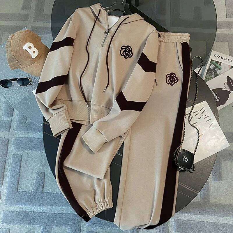 BESTBAFU Autumn Fashion Patchwork Sports Suit Women Casual Flower Print Hooded Top+Drawstring Wide Leg Pants 2-Piece Set 972P DREAM RECALL