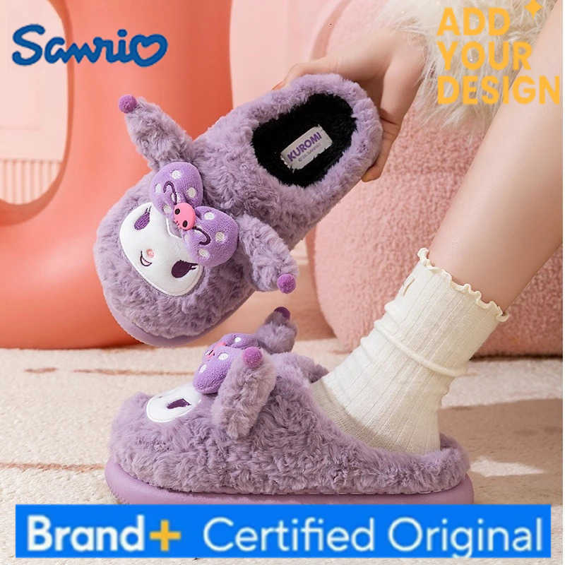 Sanrio Kids Slippers House Shoes Cartoon Kuromi Bow Winter Shoes For Girls Warm Anti-slip Home Slipper Pruple Black Shoes H251223