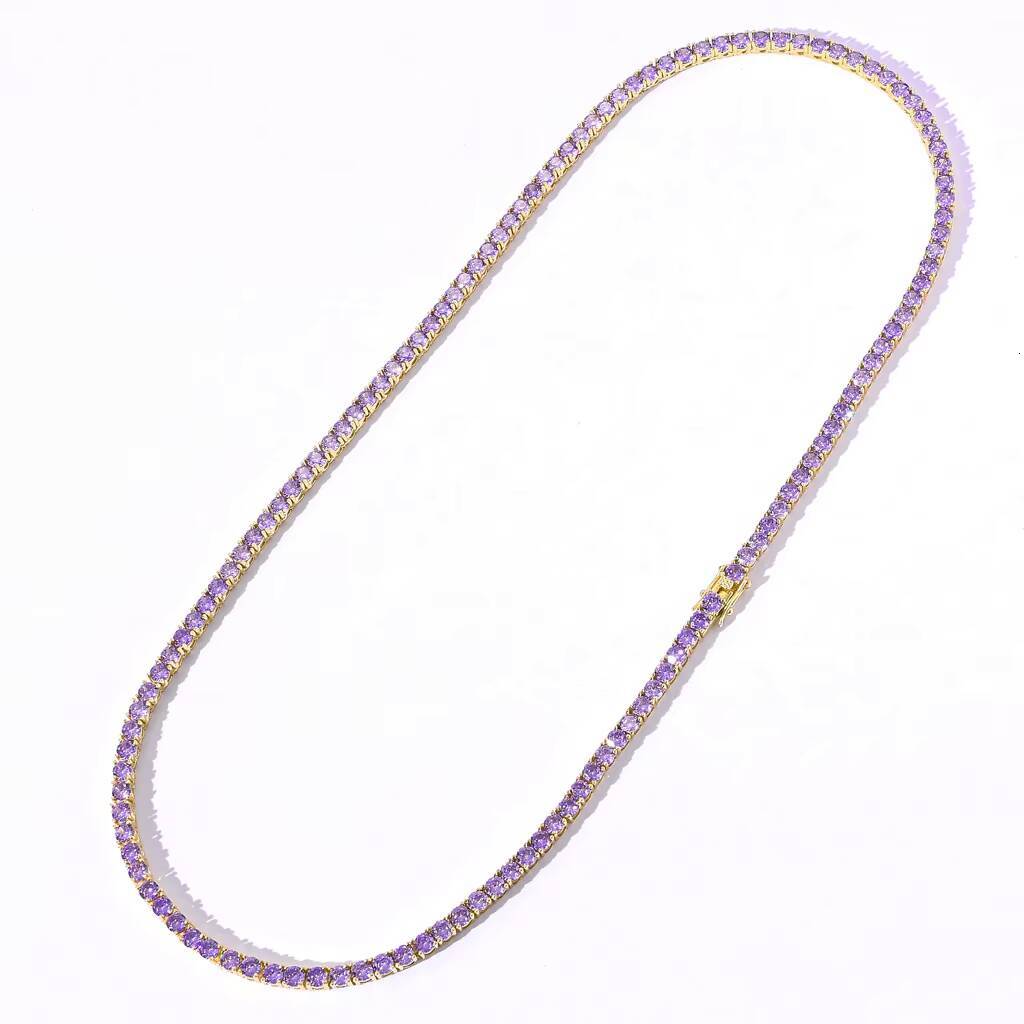 RQ Mens Hip Hop Jewelry 4MM Purple Color White Gold Iced Out Tennis Chain Necklace