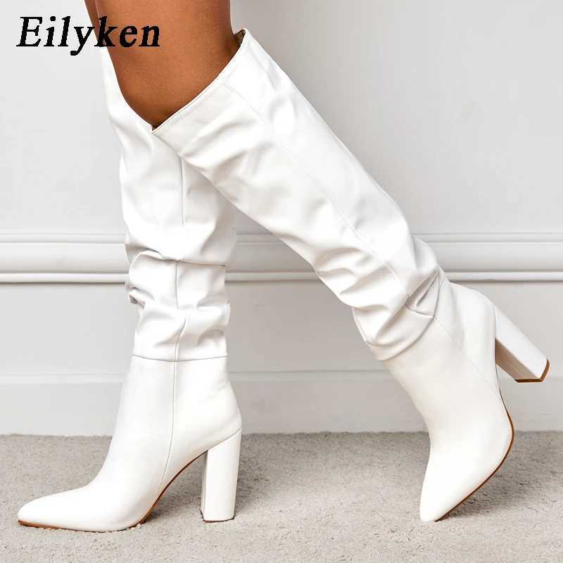 Fashion Pleated Women Knee High Boots Sexy Pointed Toe Square Heels Ladies Long Female White Black Shoes size 35-42T251223