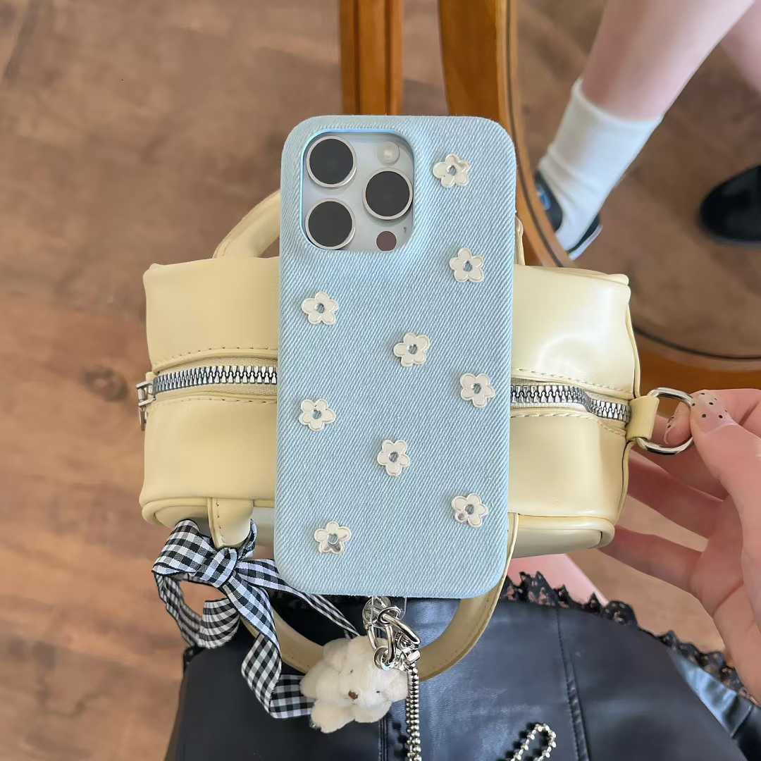 Artistic Sweet Blue Denim Small Flower Suitable for iPhone 16 Crossbody Pro Max Phone Case 15 Apple 14 Women 17
