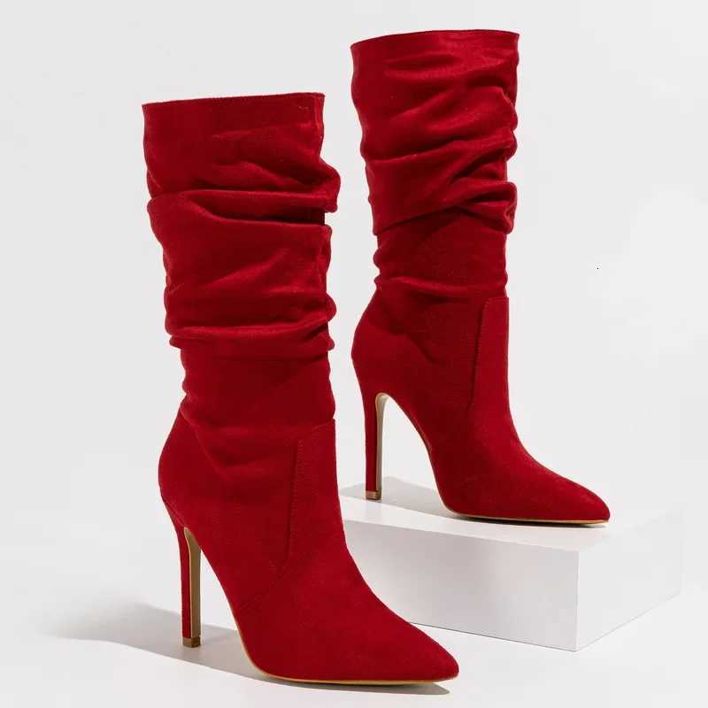 Women Pleated High Thin Heel Mid-calf Boots OL Outdoor Nightclub Evening Party Wedding Banquet Soical Gathering Botas De MujerT251223