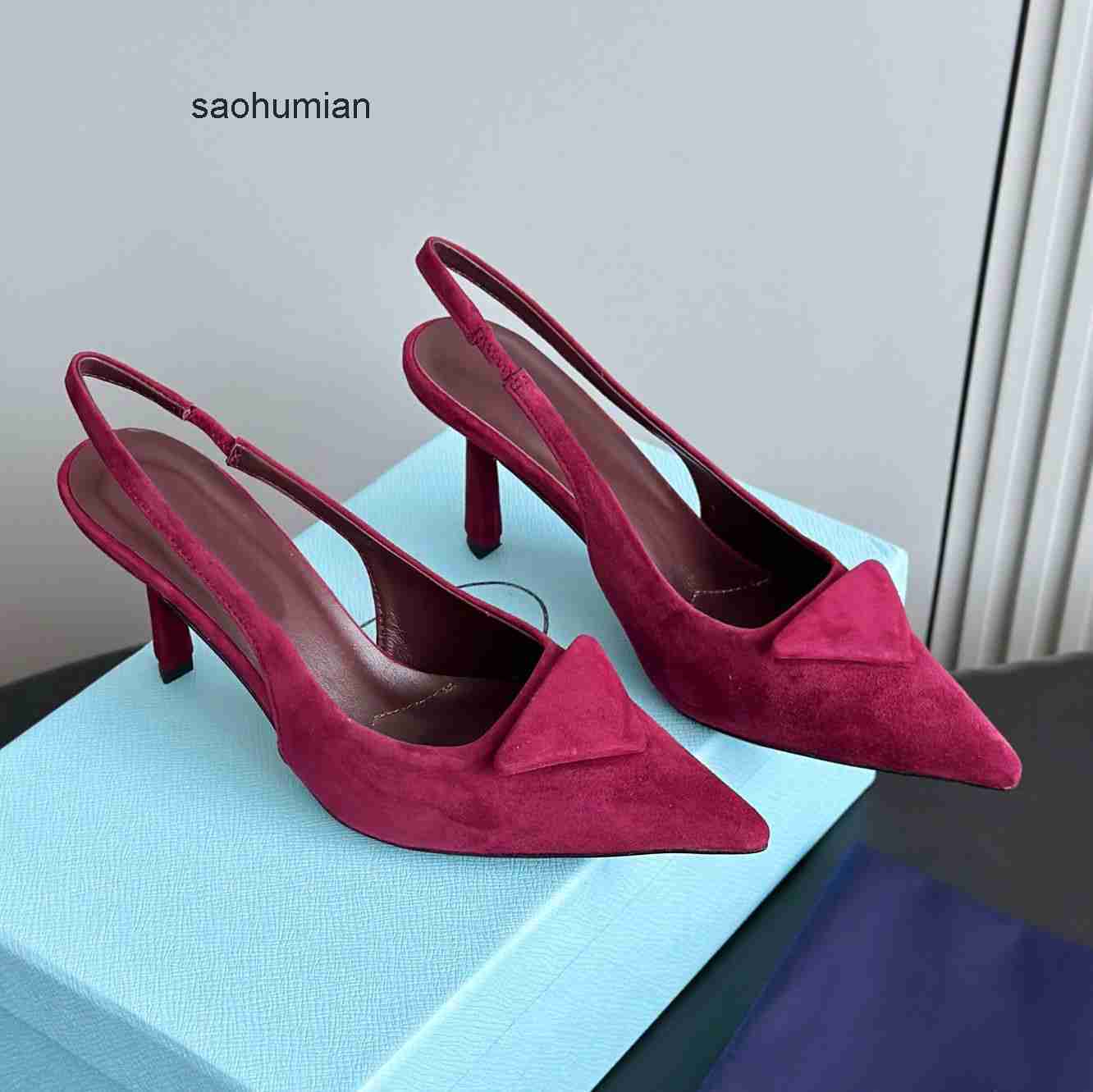 designer shoes Slingback Pump Women 75cm Classic Chamois Suede mule Stiletto Heel Dress shoes triangle Bestselling Burgund pradacups pradashoesmen pradas JLGY