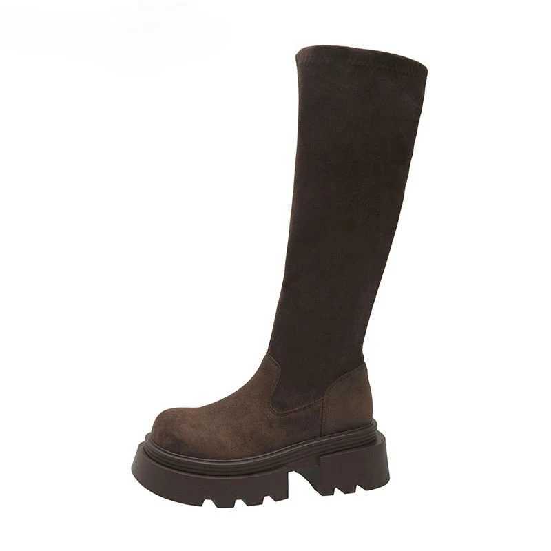 Winter Platform Punk Style Woman Knee High Boot Concise Slip On Elastic Slim Shoes Ladies Thick Bottom Knight Long BootiesT251223