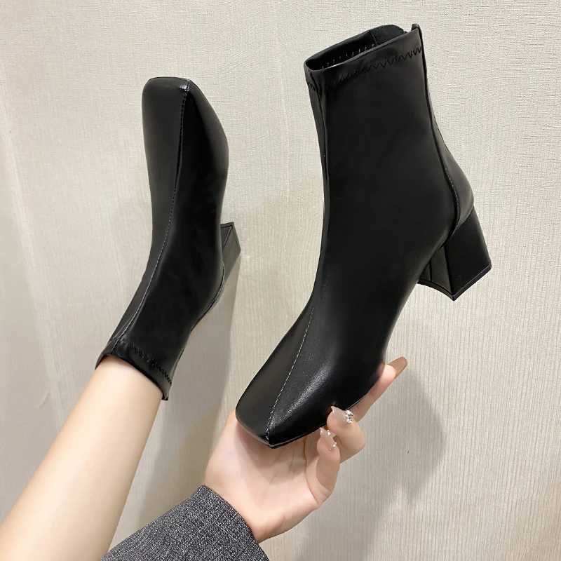 Casual Womens Thick Heel Medium Heel Boots Womens 2025 New Winter Square Toe Back Zipper Heightening Short BootsT251223