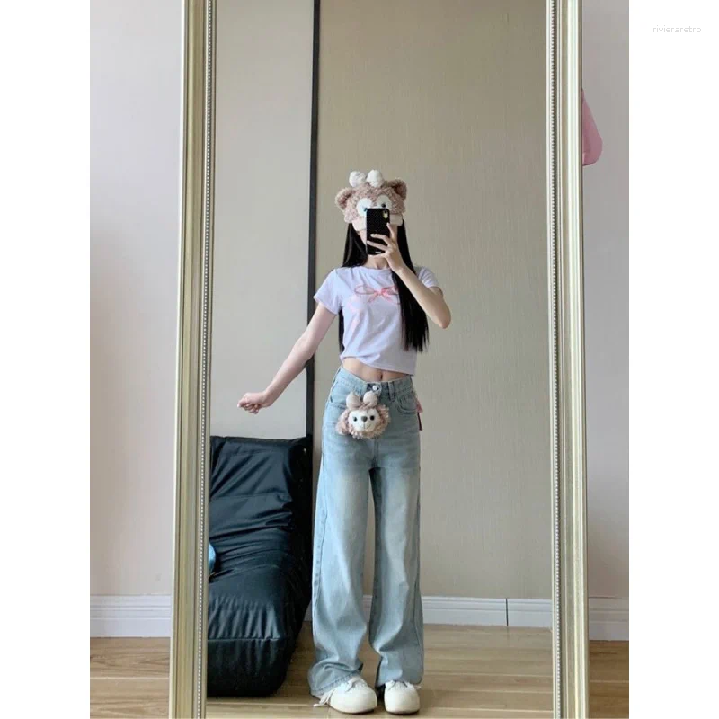 Women's Jeans 2025 Autumn Winter Bow Embroidery Design Sweet Korean Style High Waist Loose Fit Straight Leg Z260313