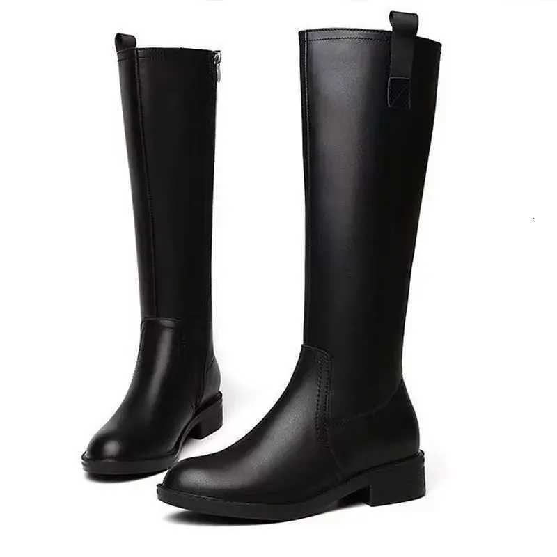 Knight Boots for Women Autumn and Winter Soft Leather Square Heel Zip Modern Boots Fashion Round Toe Thin Fleece Knee-high BootsT251223