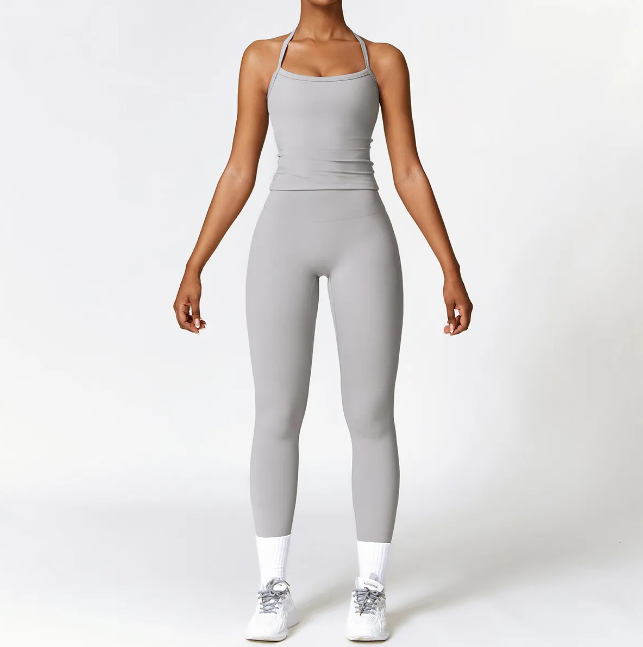 Women Yoga Two-piece Set Short Running Tank Top+ Long Pant Solid Color Sports Bra With Fitness