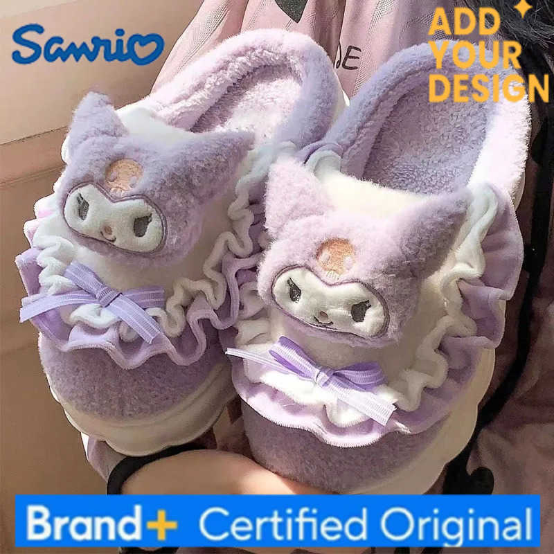 Sanrio Hot Hello Kitty Girl Cartoon Keep Warm Slippers Student Winter Thick Sole Fleece-Lined Child Non-Slip Cotton Slippers New H251223