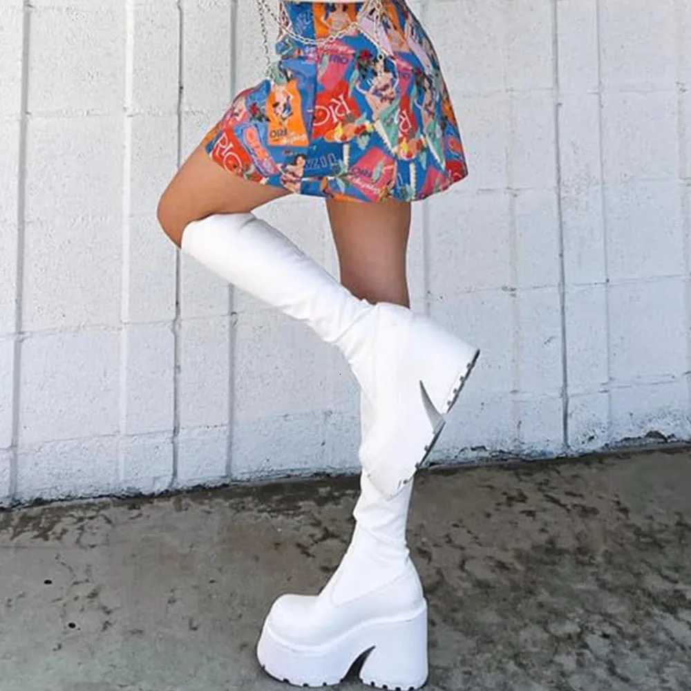 DoraTasia Fashion Round Toe Chunky Heel Womens Stretch Boots INS Punk Street Snap Motorcycle Nightclub Winter Shoes WomanT251223