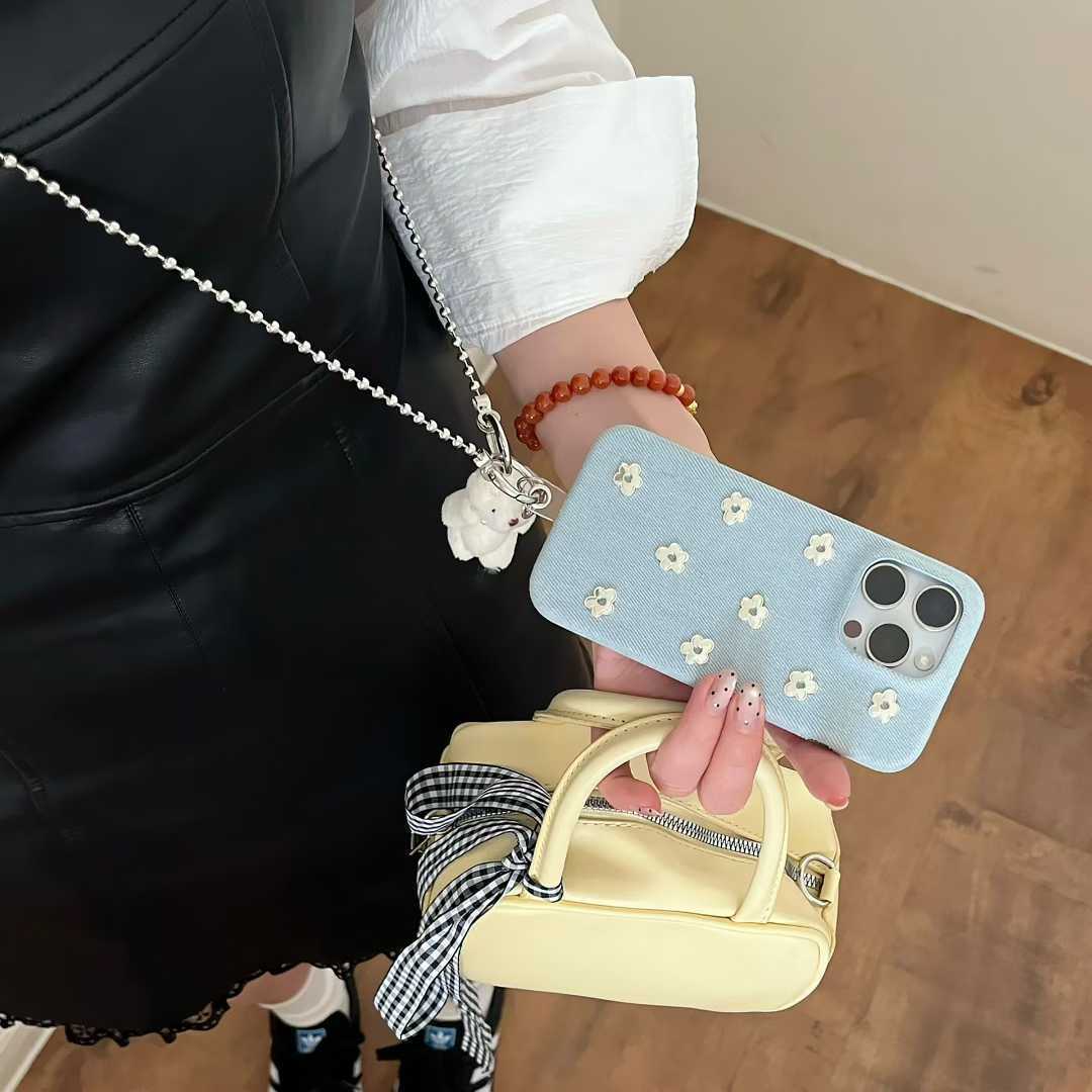 Artistic Sweet Blue Denim Small Flower Suitable for iPhone 16 Crossbody Pro Max Phone Case 15 Apple 14 Women 17