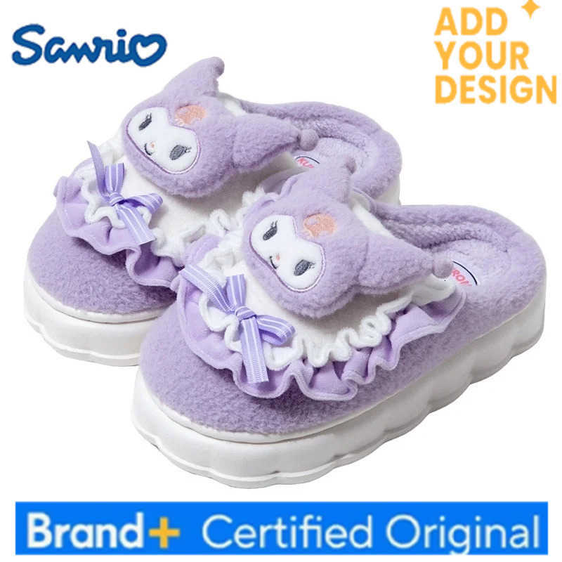 Sanrio Wholesale Kuromi Cotton Fuzzy Slippers WomenS Winter Velvet Warm Home Slippers Non-Slip Plush Shoes Girl Cute Flat Shoes H251223