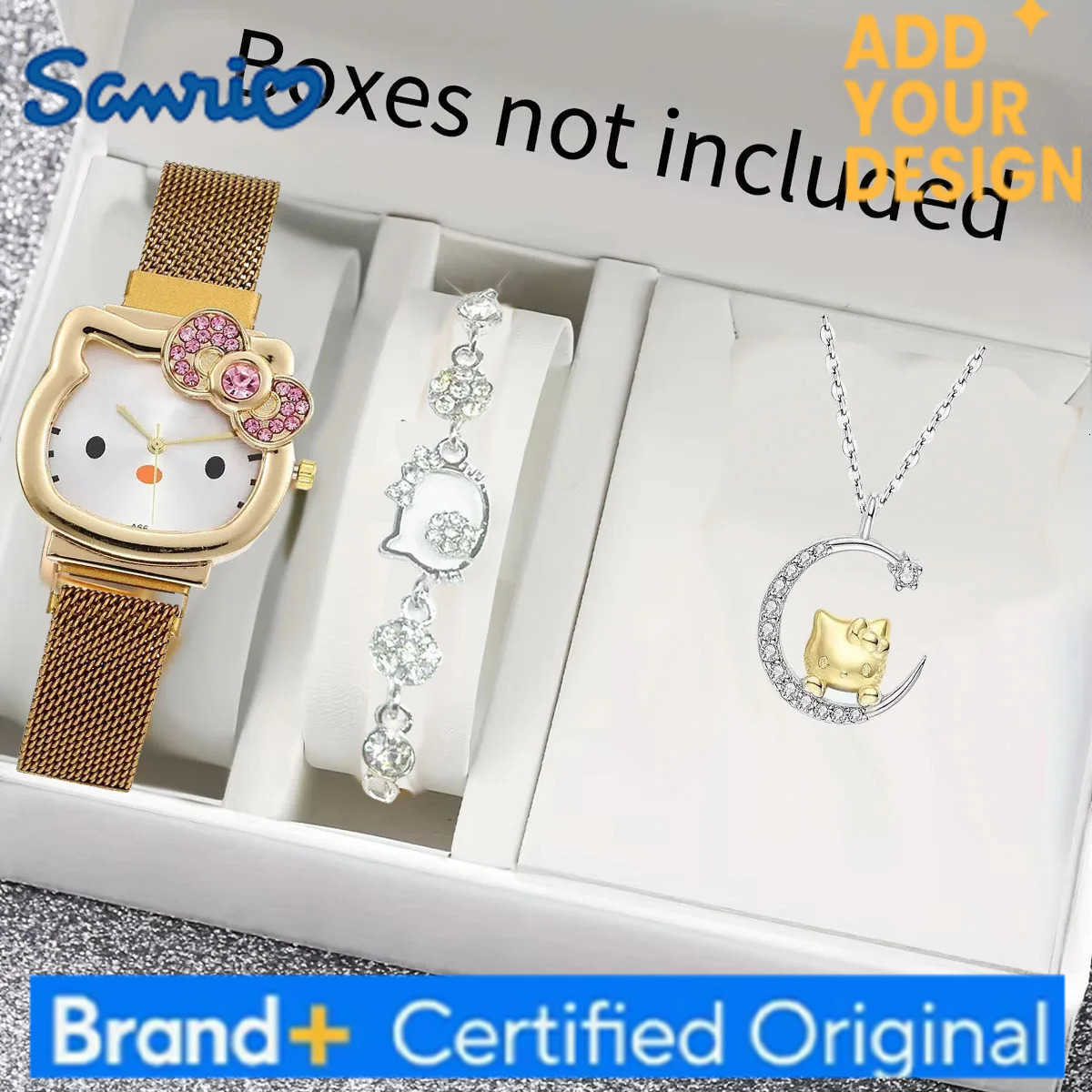 Sanrio 3pcs/set Kawaii Hello Kitty Women Watches Metal Diamond Bow Ladies Watch Girl Birthday Student Gifts With Necklace and bracelet H251223